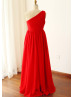 One Shoulder Red Chiffon Pleated Bridesmaid Dress
